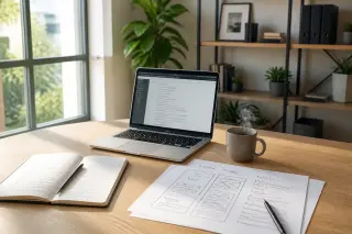Espace de travail lumineux avec ordinateur portable, carnet, café, feuilles et schéma de site web, ambiance calme et organisée pour préparation d’un projet.