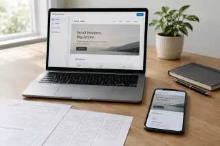 Tidy modern desk with open laptop displaying a website builder, wireframes, and a smartphone with a business site, all bathed in soft daylight.