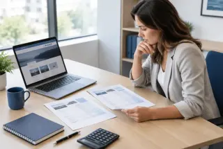 Consultante comparant des devis de création de site web devant un ordinateur dans un bureau moderne